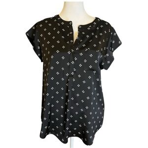 Liz Claiborne Black White Print Blouse S Cap Sleeve V-Neck Office Casual Top